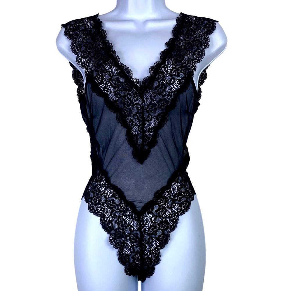 FREDERICKS OF HOLLYWOOD Chloe Black Corset Laced Teddy Sz S/M Sheer Lingerie NWT